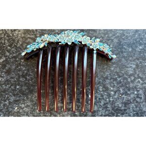 Vintage 1970's Faux Tortise Shell Blue Floral Large Hair Comb  Mantilla Floral